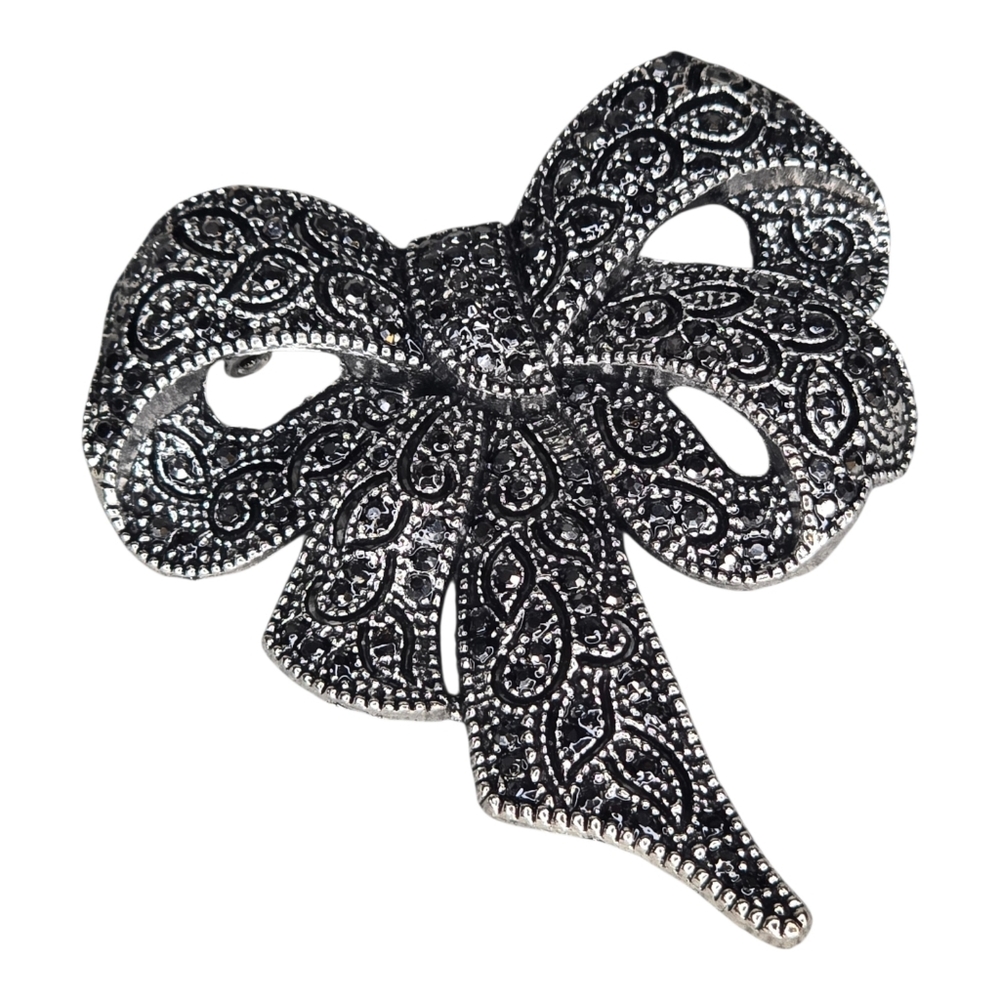 Vintage Black Silver Ribbon Bow Brooch Pin Ornate Victorian Classic Filigree
